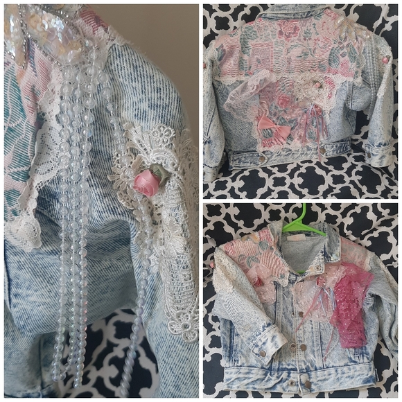 VTG OOAK 80s Acid Wash Denim Stone Embellished - Picture 2 of 8